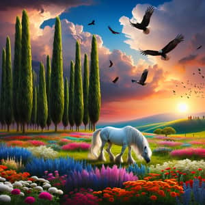 Tranquil Meadow with Blossoming Flowers and Majestic White Horse