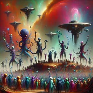 Alien Revolution Scene: Diverse Beings in Unified Protest