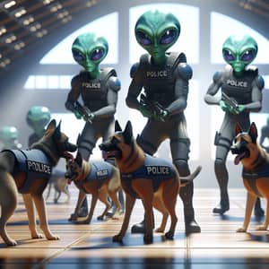 Extraterrestrial Beings Training Police Dogs in Futuristic Setting
