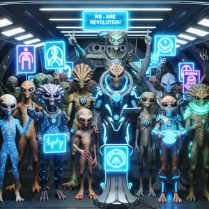 Extraterrestrial Revolution: Diverse Alien Rally in Spaceship