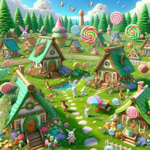Vibrant 3D Meadow with Elf Houses and Sweet Treats