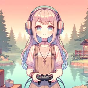 Cute Lo-Fi Girl Character with Headphone and Game Controller in Nature