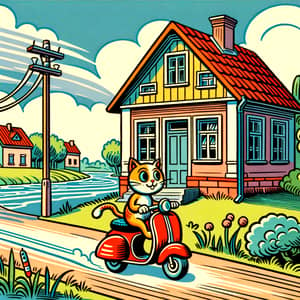 Vintage Cartoon House by River with Cat on Scooter