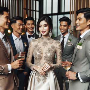 Elegant Vietnamese Woman Surrounded by Handsome Men
