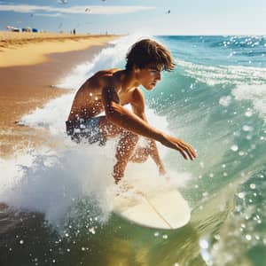 Hispanic Teenage Boy Surfing on Golden Beach with Azure Sea