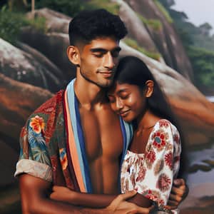 Interracial Couple Embrace: Shirtless Hispanic Boy & South Asian Girlfriend