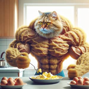 Muscular Cat Eating Scrambled Eggs - Unique Illustration