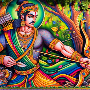Ancient Indian Mythology-Inspired Character in Vibrant Scene
