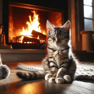 Cozy Cat by the Fireplace - Tranquil Scene with Playful Toys
