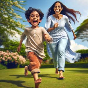 Cheerful South Asian Boy and Mother Playing in Grassy Field