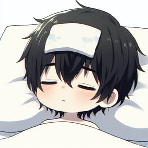 Sleeping Black-Haired Anime Baby | Damp Cloth on Forehead