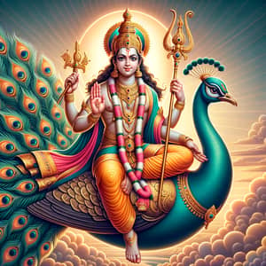 Lord Subramanya on Peacock with Divine Spear: Vibrant & Serene Deity