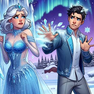 Icy Powers Clash: Male and Female Characters in Snowy Scene