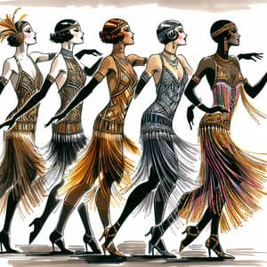 1920s Inspired Dance Ensemble Sketch with Four Female Dancers