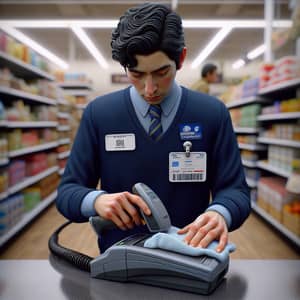 Hispanic Supermarket Employee Cleaning Barcode Scanner with Focus