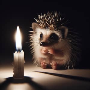 Fearful Hedgehog Clutching Candle in Darkness
