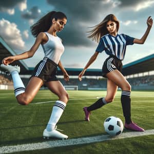 Female Soccer Players in Sportive Action on Football Field