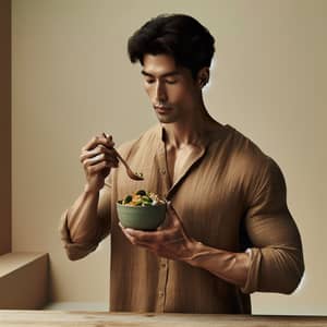 Healthy Vegan Man Enjoying Nutrient-Rich Meal | Peaceful Setting