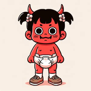 Cartoon Toddler Girl Oni with Red Skin and Pigtails