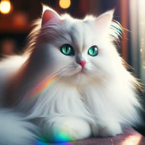Fluffy Snow-White Cat with Emerald-Green Eyes