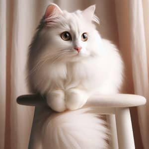 Graceful White Cat with Fluffy Tail - Curiosity and Anticipation