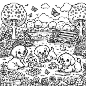 Playful Puppies Coloring Scene with Toys in Flower Garden
