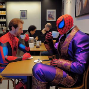 Man in Spider Costume Enjoys Coffee with Friend in Purple Suit