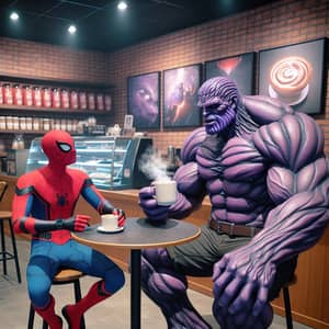 Hyper-Realistic Image of Spider-Themed Man and Muscular Figure Enjoying Coffee
