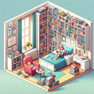 Isometric Bedroom with Bookcases: Charming and Vibrant Design