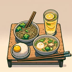 Affordable Meal: Noodle Soup, Vegetables & Lemonade