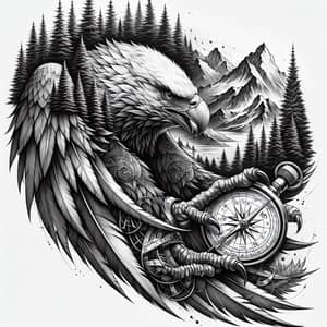 Realistic Monochrome Eagle & Compass Tattoo Design
