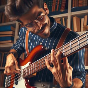 Hispanic Male Bass Guitarist: Studious Music Enthusiast