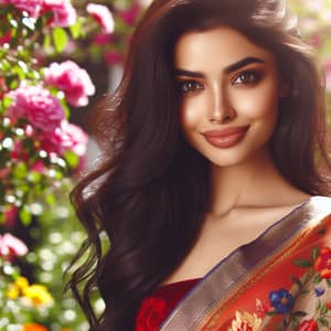 Beautiful South Asian Woman in Colorful Saree among Flowers