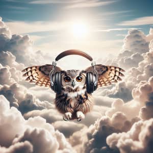 Funky Owl Soaring Through Clouds with Stylish Headphones