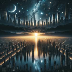 Inverted World Illustration: Night Sky, Cityscape, and Ocean