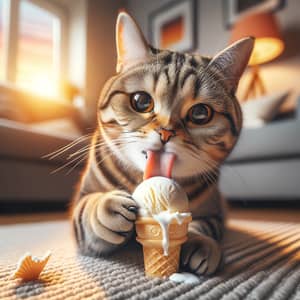 Tabby Cat enjoying vanilla ice cream - Cute and Playful Scene