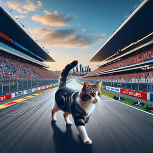 Graceful Domestic Cat Striding on Madrid F1 Race Track