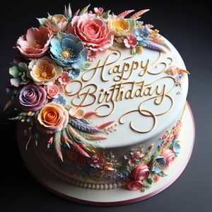 Elegant Birthday Cake with Vibrant Flowers and Gold Calligraphy