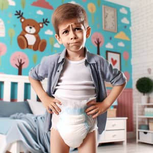 Confused Eight-Year-Old Boy in Clean Diapers | Playful Bedroom Scene