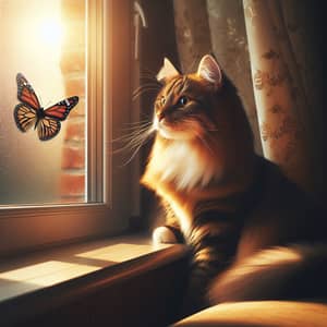 Serene Tabby Cat by the Window | Intrigued by a Butterfly