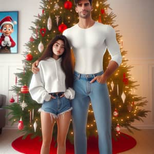 Festive Christmas Tree Decor: Tall Hispanic Male and Short Caucasian Female