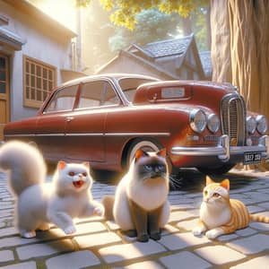 Enchanting Scene: Three Cats & a Vintage Car