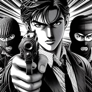 Suspenseful Manga Style Illustration with Hispanic and Caucasian Characters in Sabattier Effect