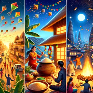 Indian Harvest Festivals: Makar Sankranti, Pongal, Lohri - Celebratory Illustration