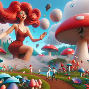 Gigantic Red-Haired Woman in a Surreal Landscape