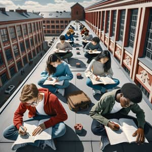 Dedicated Students Taking Exams on School Roof | Diverse Learning Environment