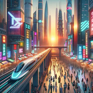 Futuristic Cityscape at Sunset - Diverse Crowd and Bullet Trains