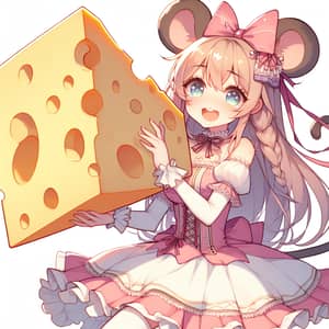 Cute Mouse Girl with Swiss Cheese - Anime Style