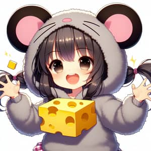 Anime Girl in Mouse Costume Holding Cheese - Anime Style