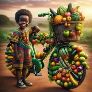 African Child with Bicycle Fruit Art | Vibrant African Scene